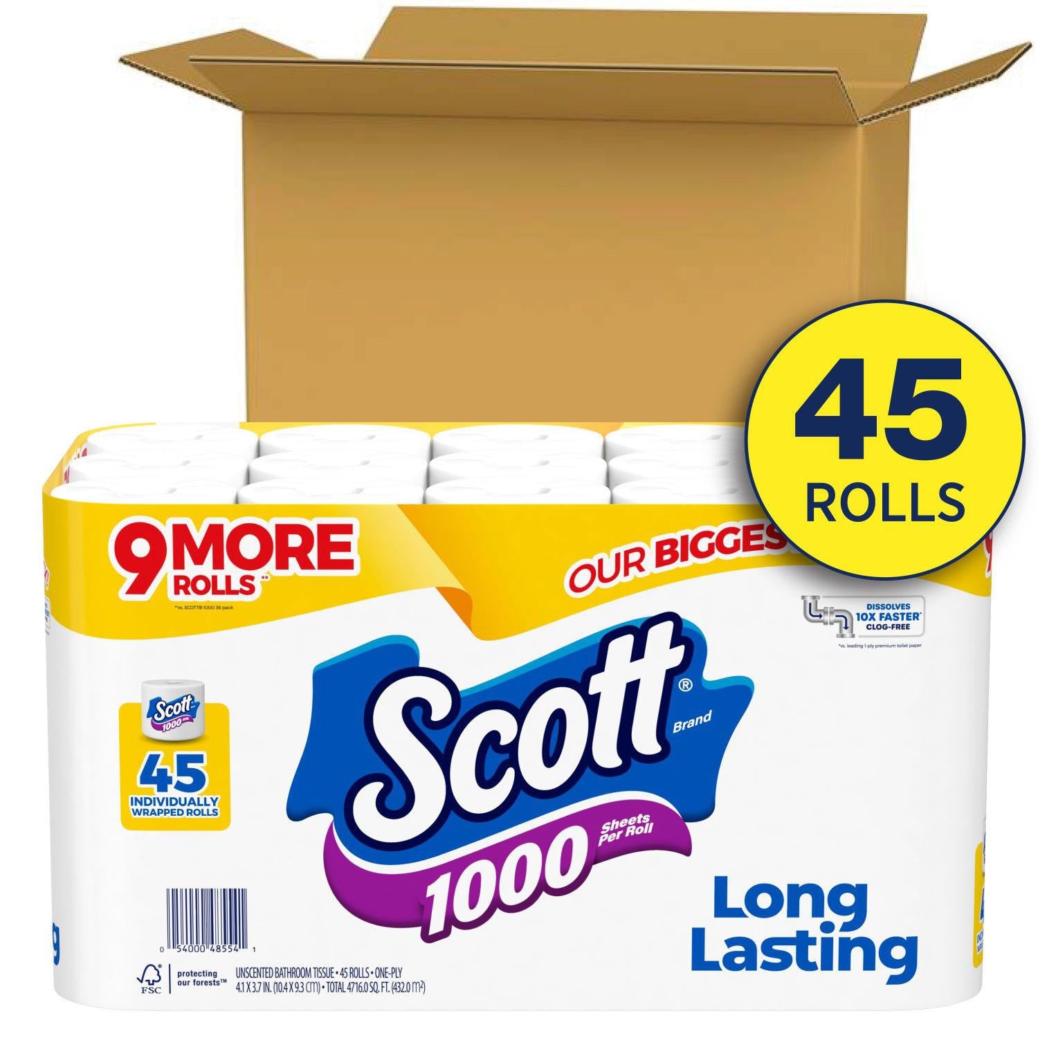 Scott 1-Ply Toilet Paper 1000 Sheets per Roll - 45ct/1pk