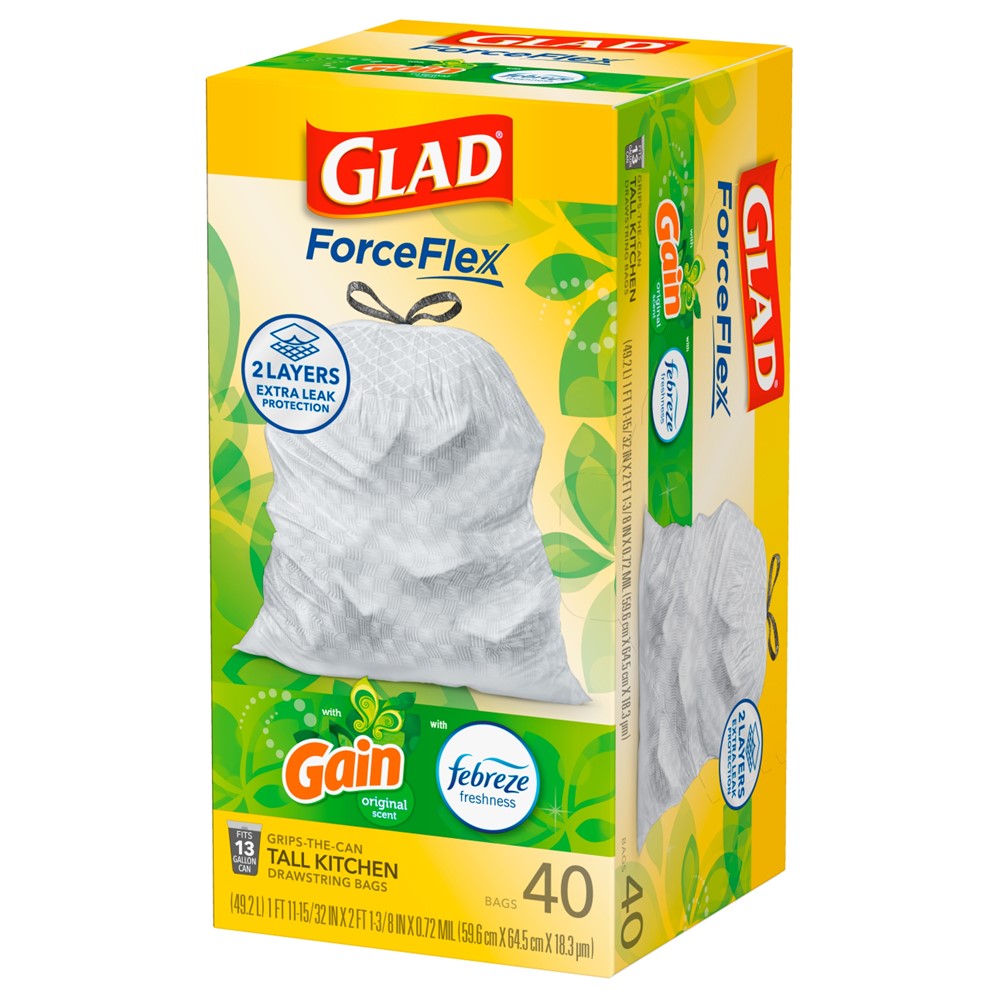 Glad Tall Kitchen Drawstring Gain Original Odor Shield 13 Gallon - 40ct/6pk
