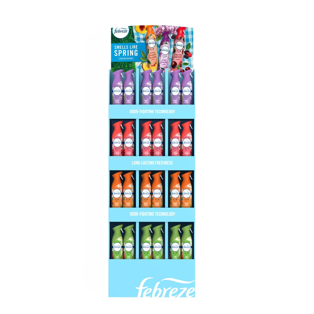 Febreze Air Freshener Spray Display (12x8.1oz Mango Splash; 12x8.1oz Juicy Summer Peaches; 12x8.1oz Lilac Sun; 12x8.1oz Cherry Berry) - 8.1oz/48pk