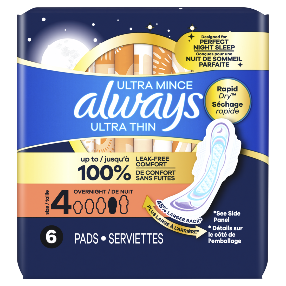 Always Ultra Thin Feminine Pads with Wings for Women Size 4 Overnight Absorbency Unscented - 6ct/8pk