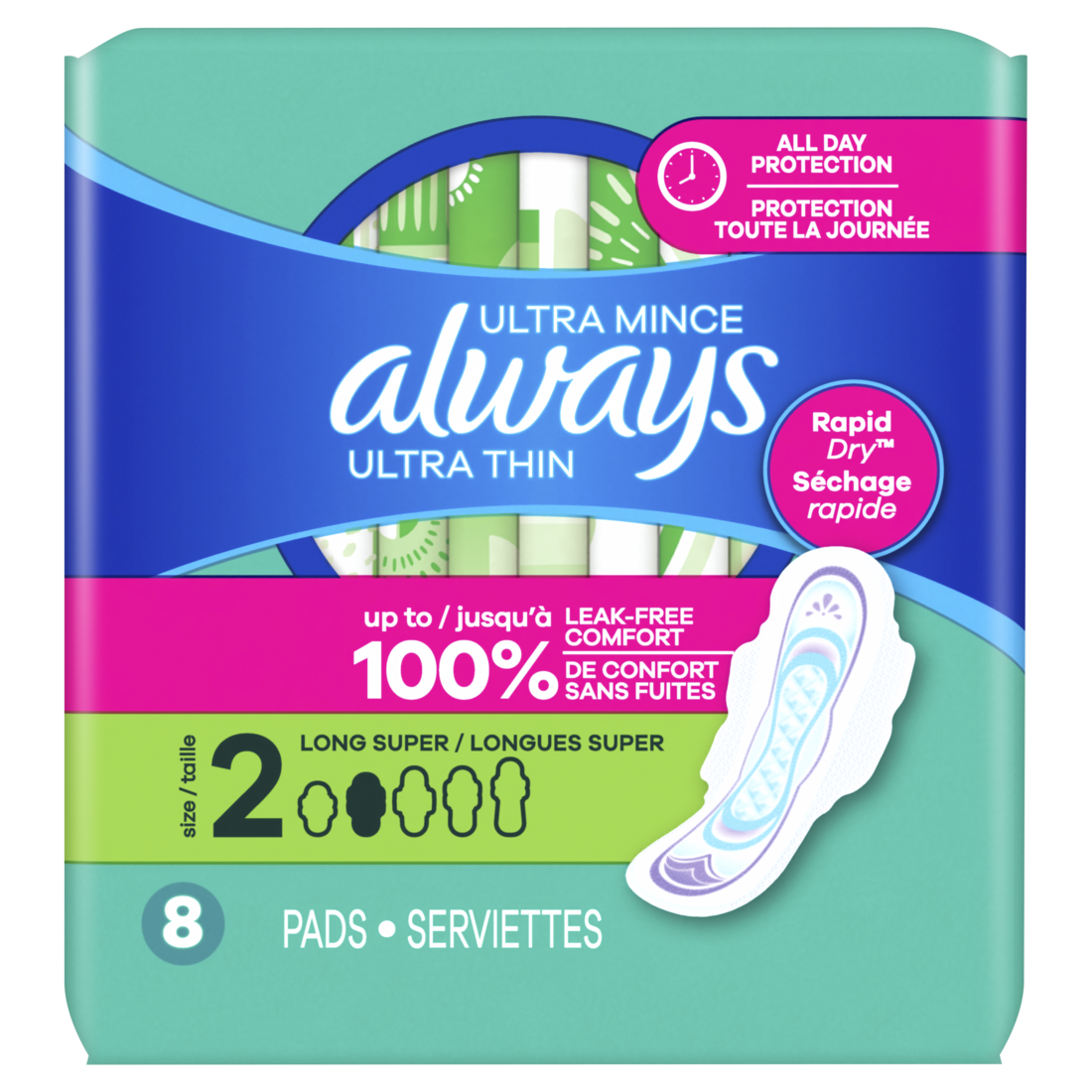 Always Ultra Thin Feminine Pads with Wings for Women Size 2 Long Super Absorbency Unscented - 8ct/8pk