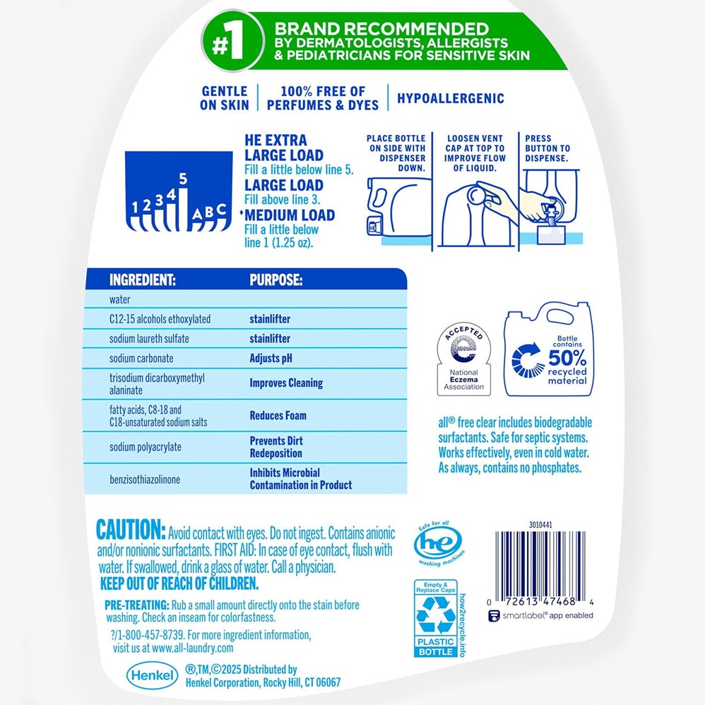 all Liquid Laundry Detergent Free Clear for Sensitive Skin 166 Loads - 208oz/1pk