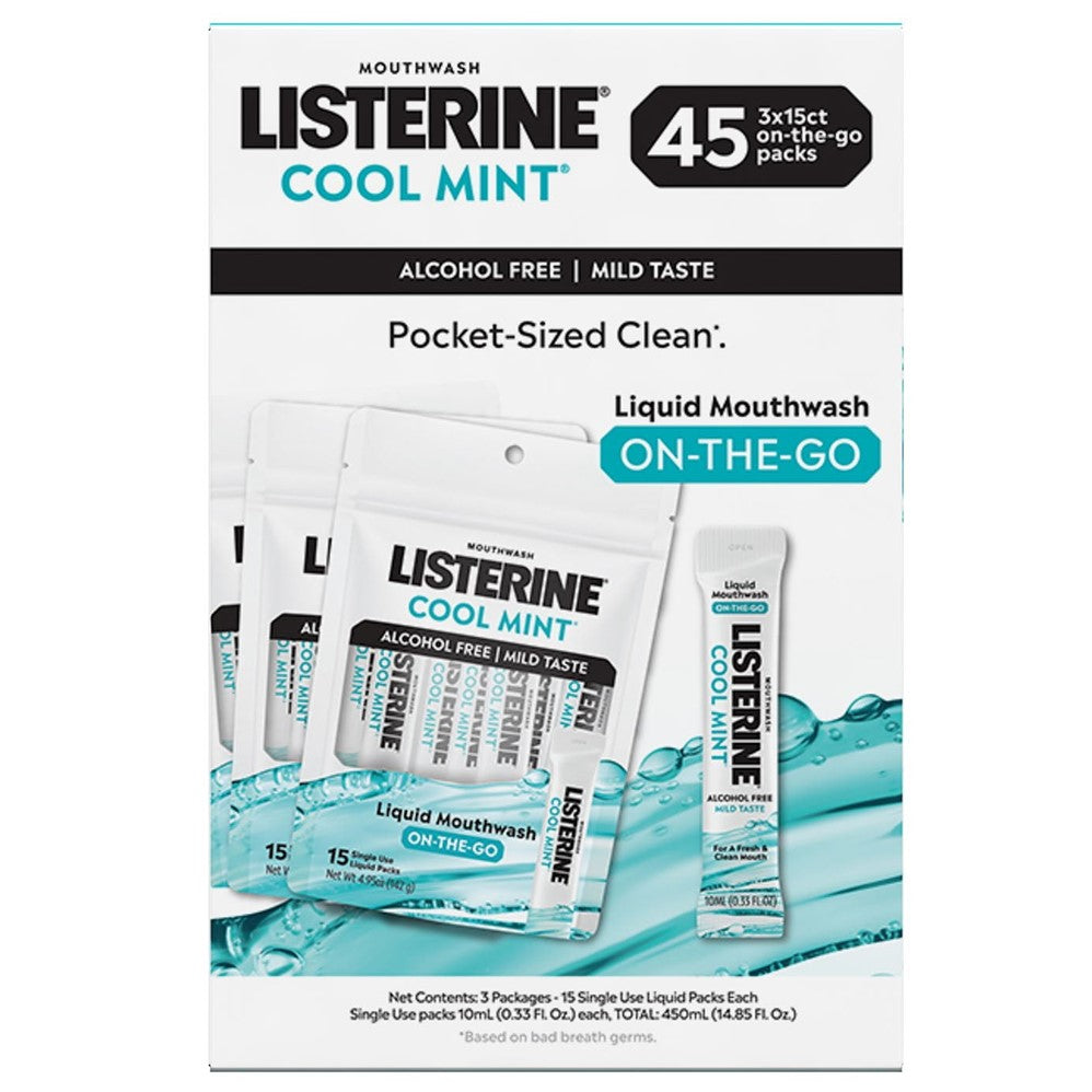 Listerine On-The-Go Cool Mint Mouthwash Sachets Alcohol Free - 45ct/1pk