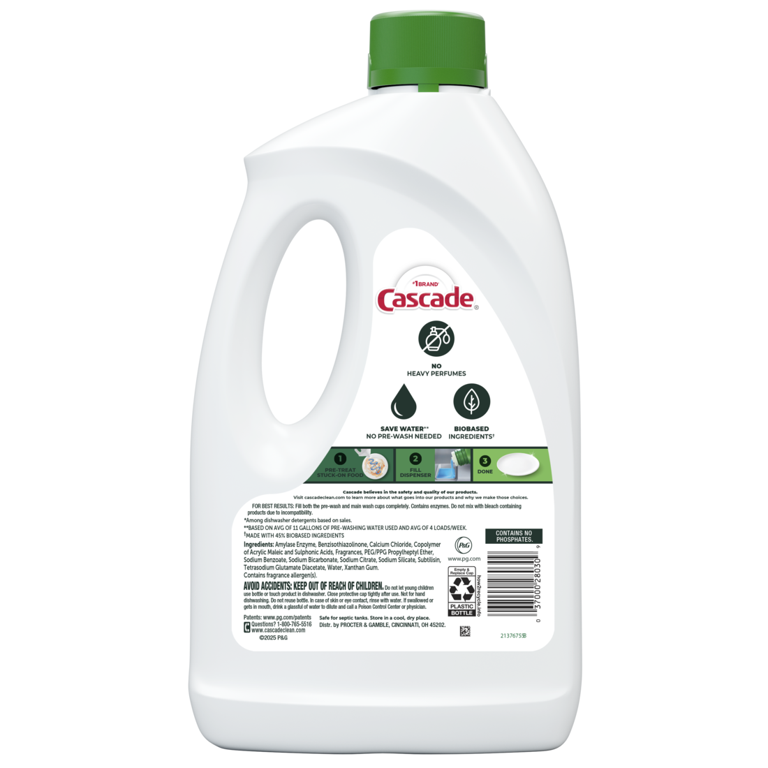 Cascade Free & Clear Dishwasher Detergent Liquid Gel Dish Detergent Dishwasher Soap Lemon - 75oz/6pk