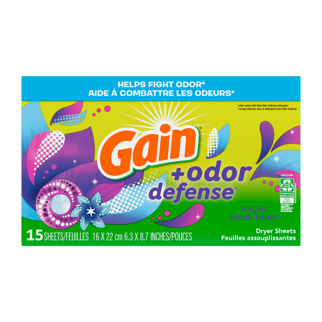 Gain Dryer Sheets Plus Odor Defense Super Fresh Blast Scent Helps Fight Static And Odor Laundry Sheets - 15ct/15pk