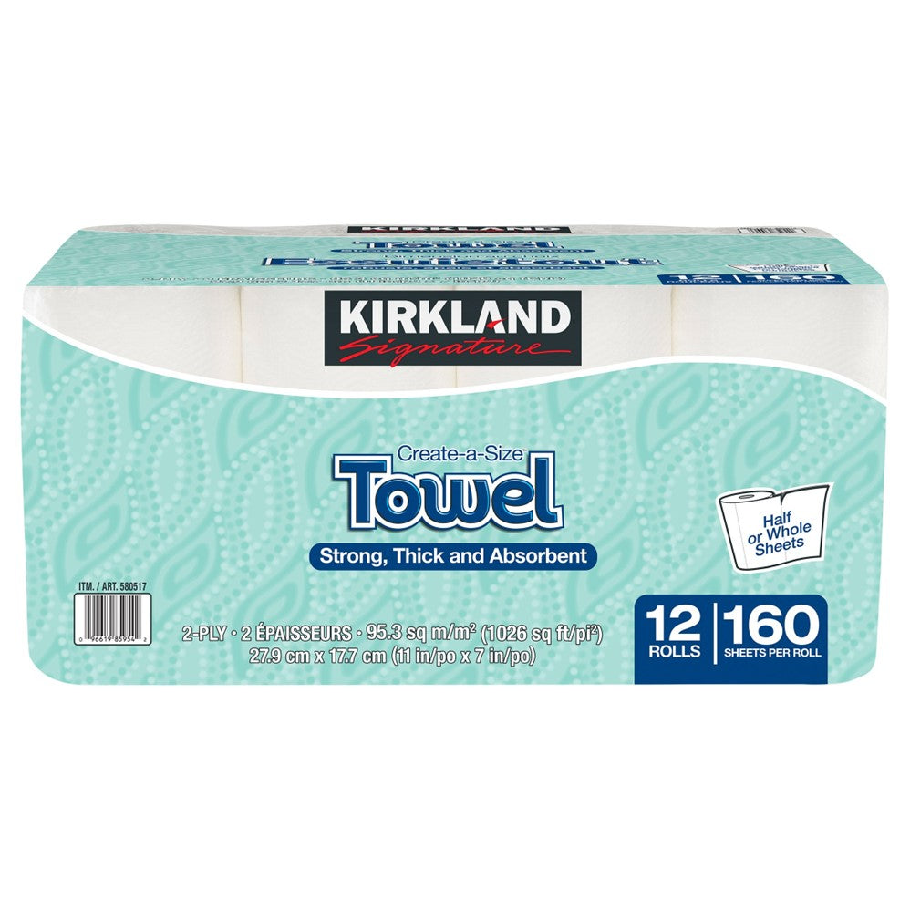 Kirkland Signature Create-a-Size Paper Towels 2-ply/160-Sheets/12-Individually Wrapped Rolls - 12ct/1pk