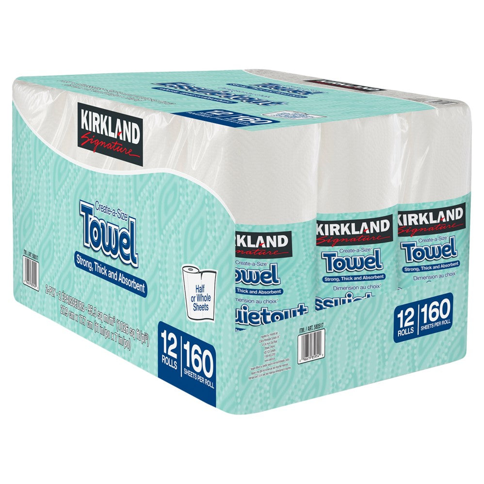 Kirkland Signature Create-a-Size Paper Towels 2-ply/160-Sheets/12-Individually Wrapped Rolls - 12ct/1pk