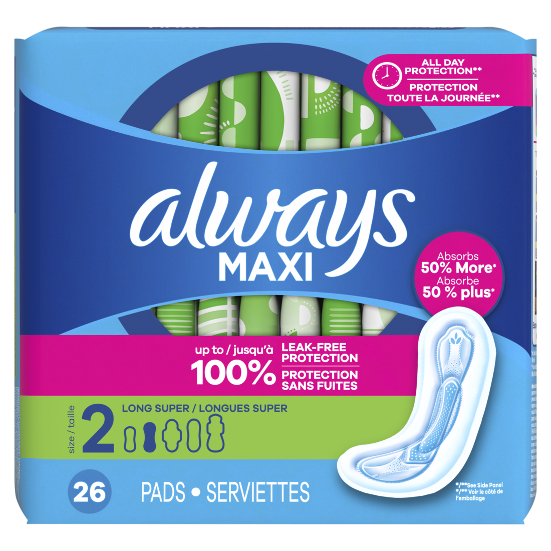 Always Maxi Feminine Pads Without Wings For Women Size 2 Long Super Absorbency Unscented - 26ct/6pk