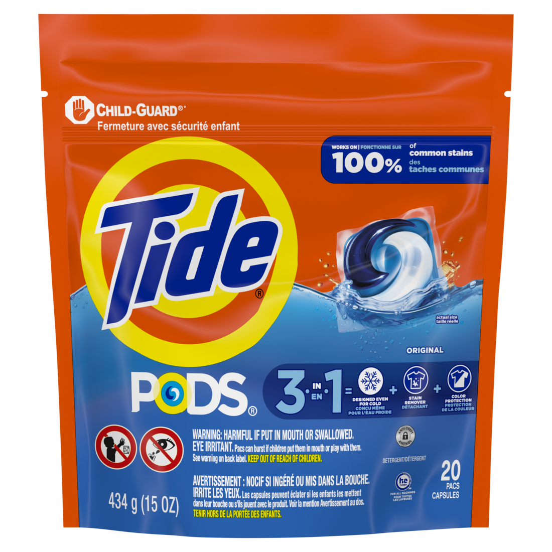 Tide Pods Laundry Detergent Original Scent 3-in-1 Stain Remover Odor Fighter Color Protector Concentrated Laundry Soap Pacs - 20ct/6pk