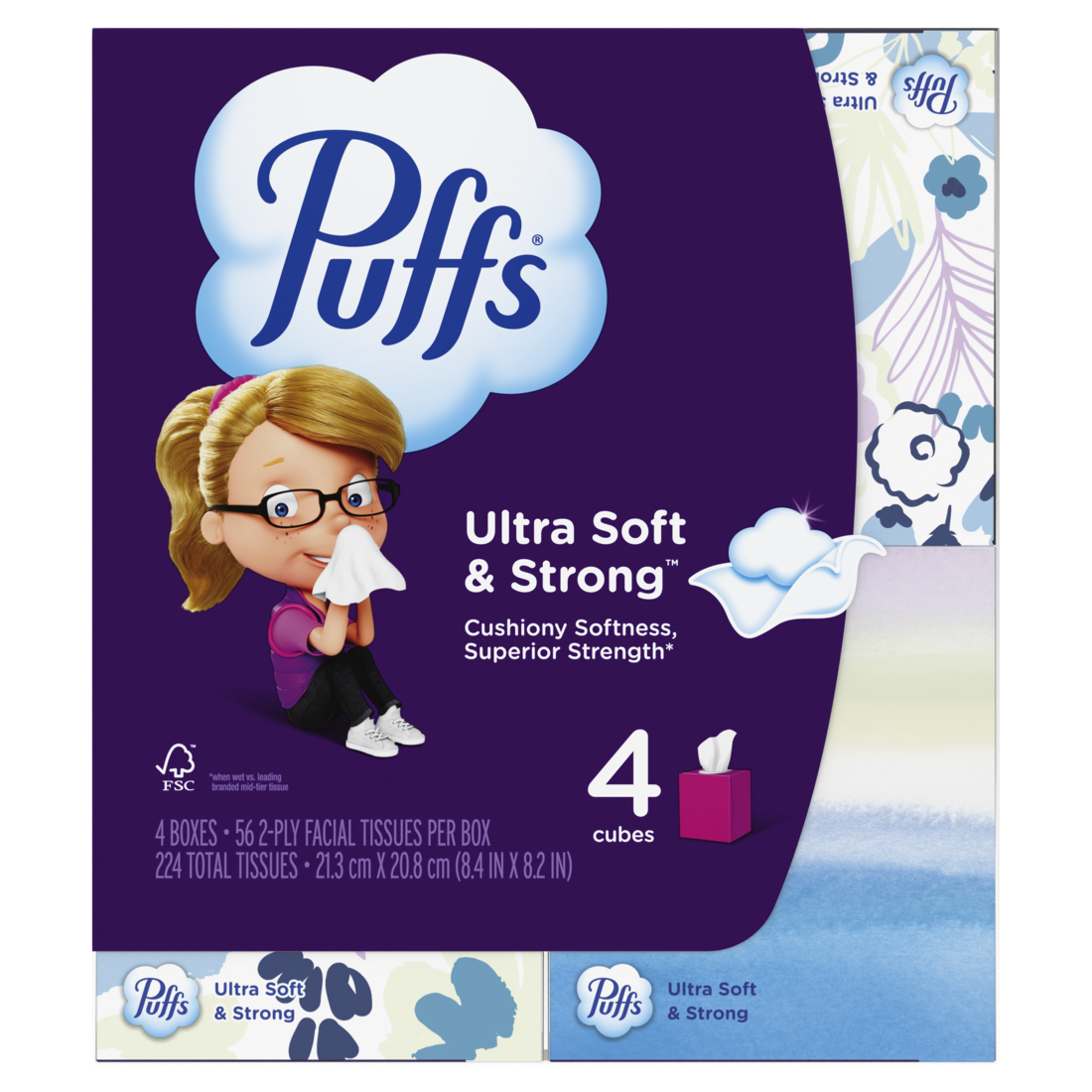 Puffs Ultra Soft Facial Tissues 4 Cubes 56 Facial Tissues Per Box - 224ct/6pk