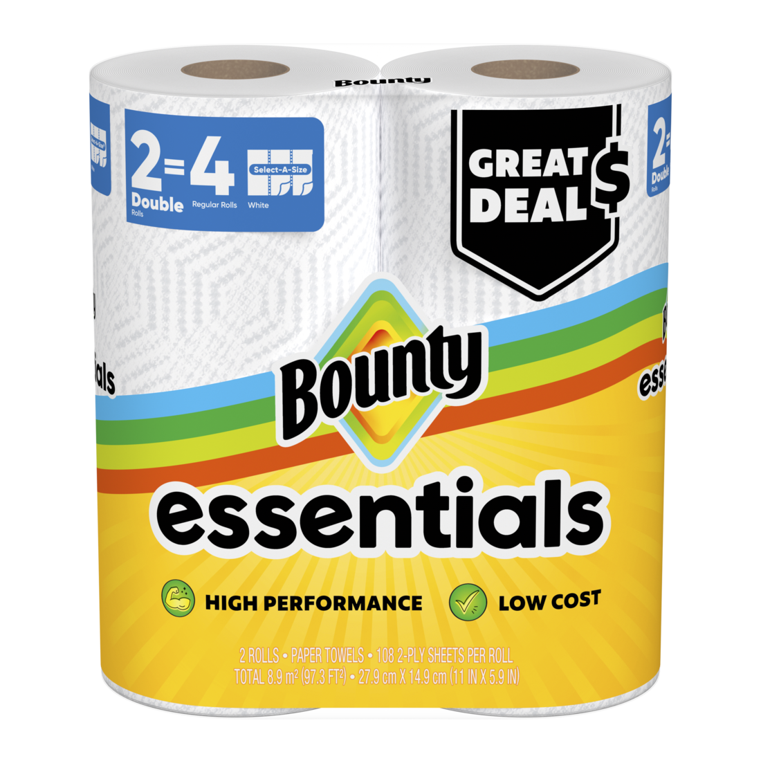 Bounty Paper Towels Essentials Select-A-Size 2 Double Rolls White 108 Sheets Per Roll - 2ct/8pk