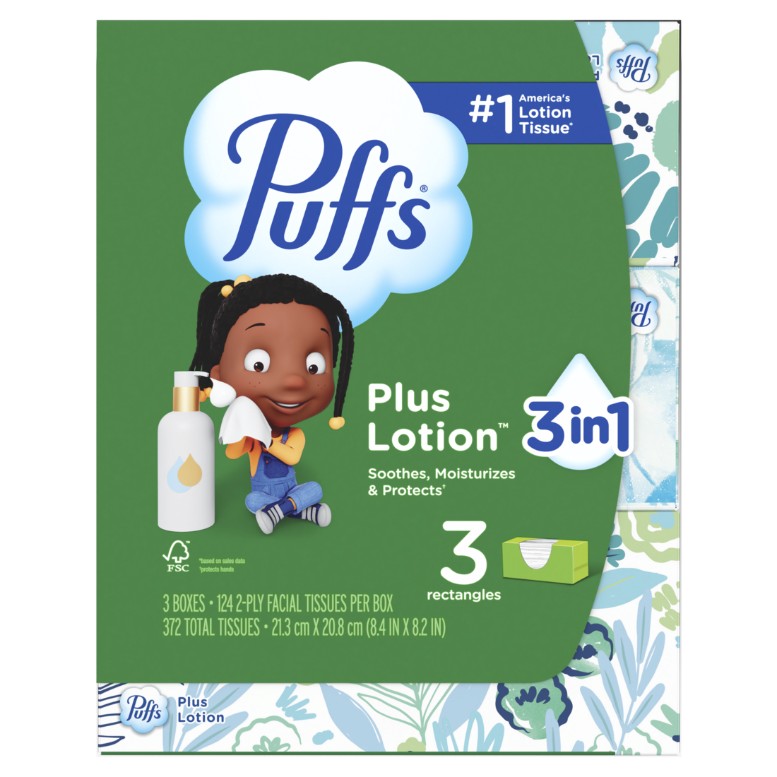 Puffs Plus Lotion Facial Tissue 3 Family Boxes 124 Tissues Per Box - 372ct/8pk