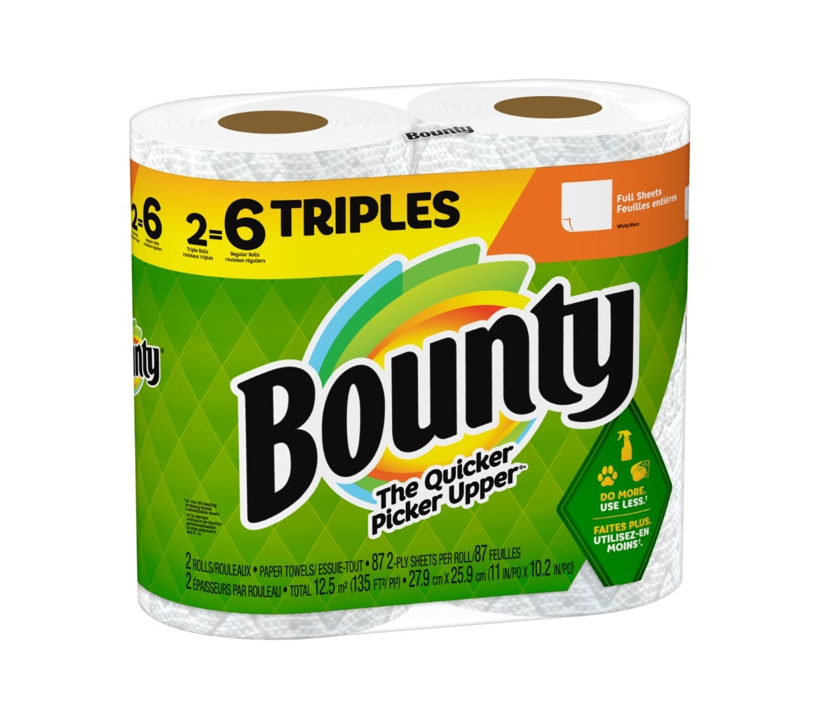 Bounty Full Sheet White Paper Towels 2 Triple Rolls = 6 Regular Rolls - 87ct/6pk