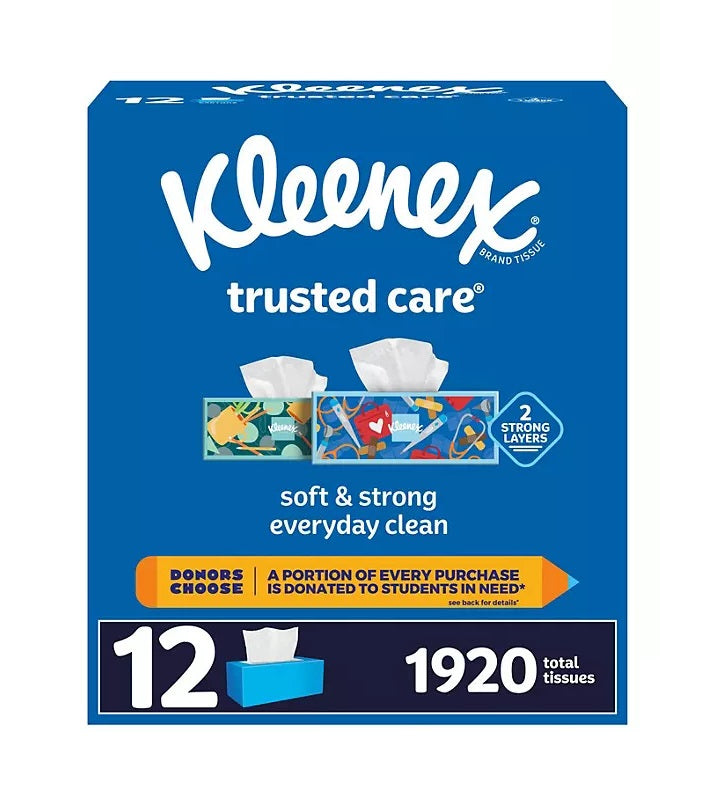 Kleenex Trusted Care 2-ply Facial Tissues, Flat Boxes - 160ct/12pk