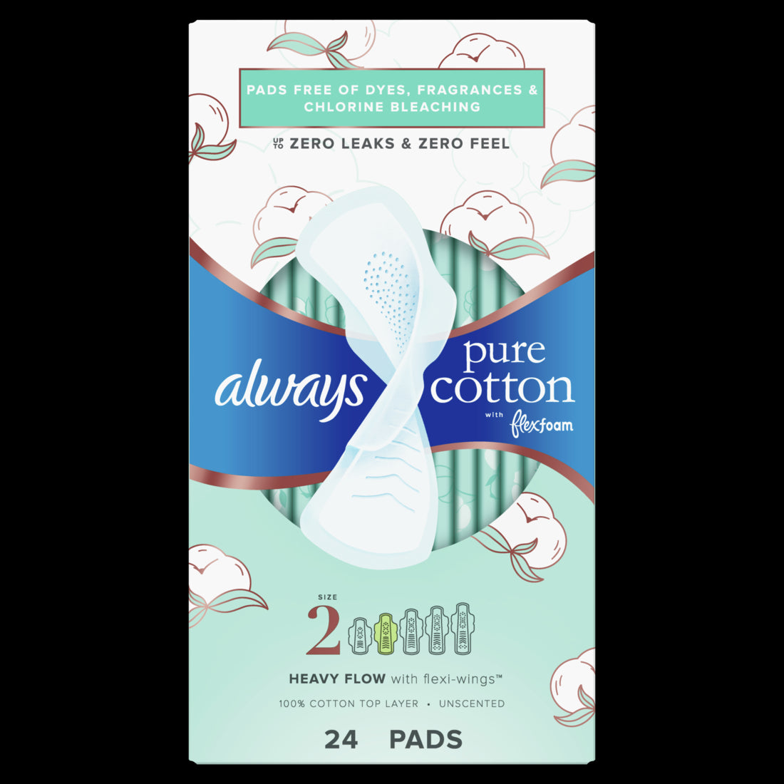 Always Pure Cotton Feminine Pads for Women Size 2 Heavy Flow with wings Unscented - 24ct/3pk