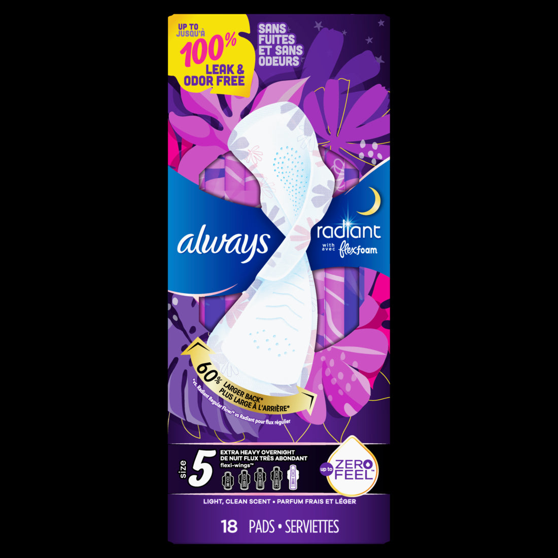 Always Radiant Overnight Feminine Pads for Women Size 5 Extra Heavy Nighttime with Wings Scented - 18ct/3pk