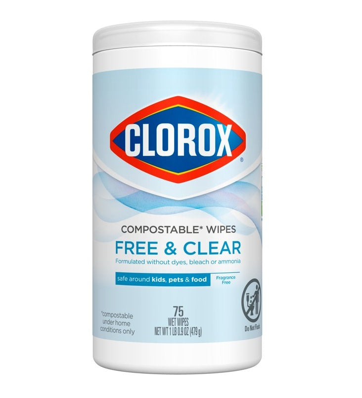 Clorox Compostable Cleaning Wipes Free & Clear - 75ct/6pk