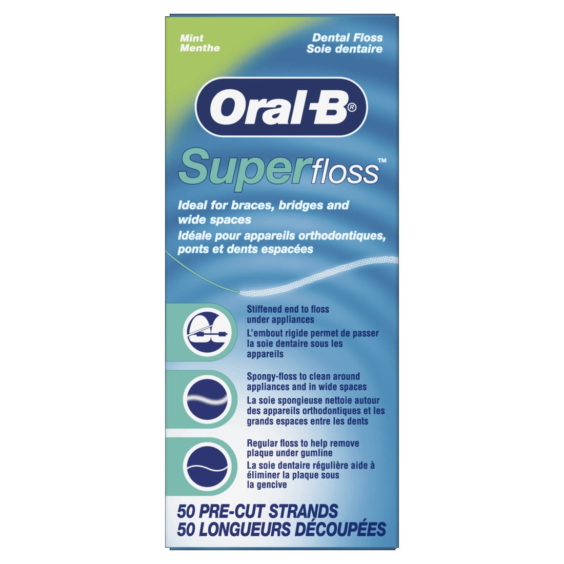 Oral-B Super Floss Pre-Cut Strands, Dental Floss for Bridges, Braces and Wide Spaces 50 Strands - 50ct/24pk