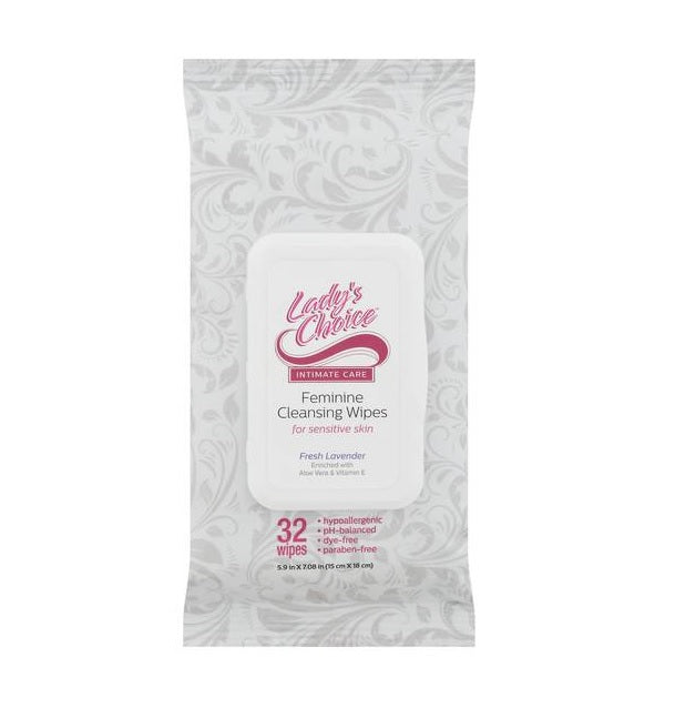 Lady's Choice Feminine Cleansing Wipes Sheer Lavender w/ PDQ - 32ct/12pk