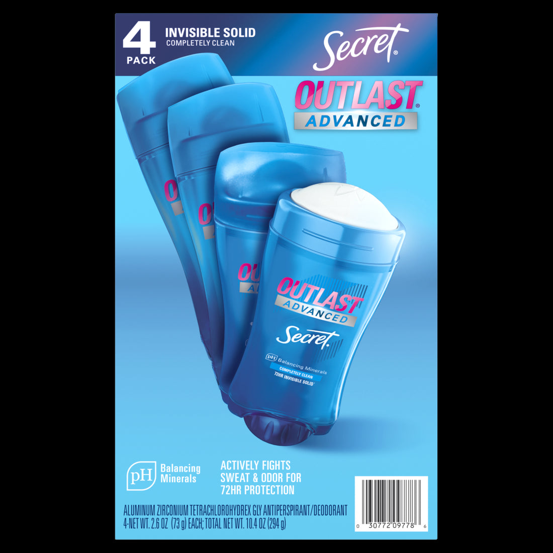 Secret Antiperspirant Deodorant Outlast Advanced Invisible Solid Completely Clean Scent for Women Pack of 4 - 2.6oz/270pk