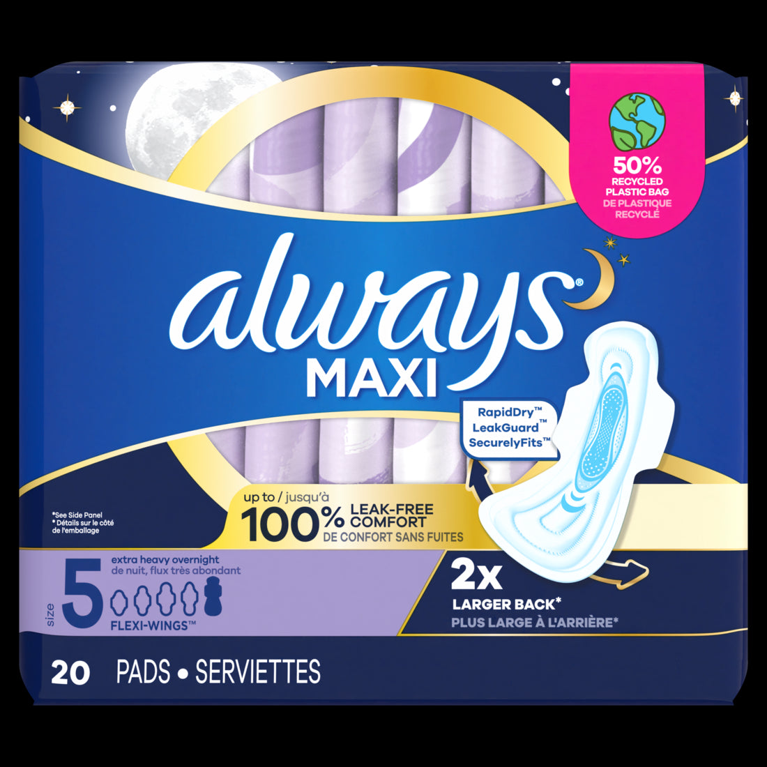 Always Maxi Extra Heavy Overnight Pads w/Wings Unscented Size 5 - 20ct/6pk