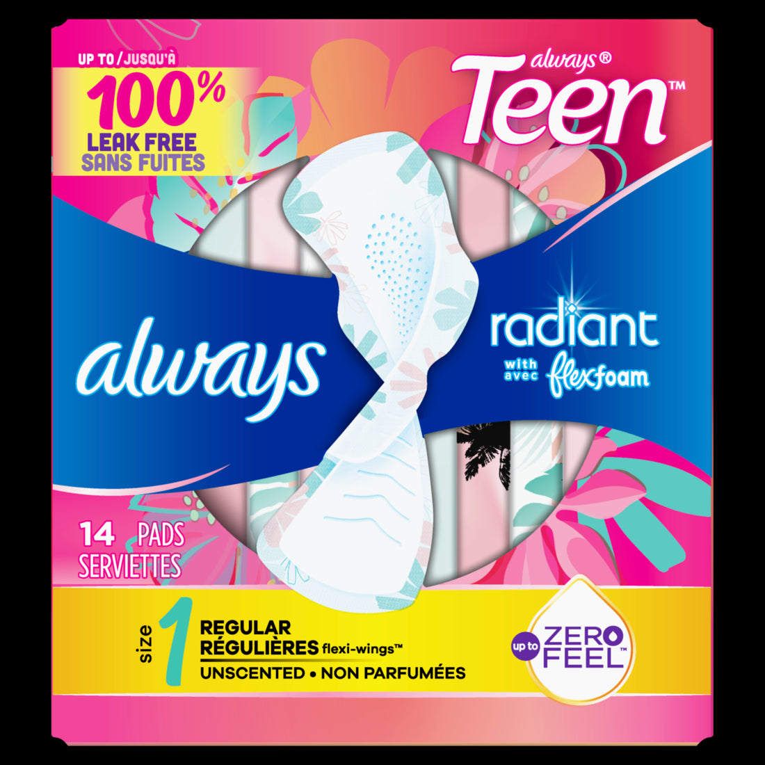 Always Radiant Teen Pads Get Real Regular Unscented w/Wings - 14ct/12pk