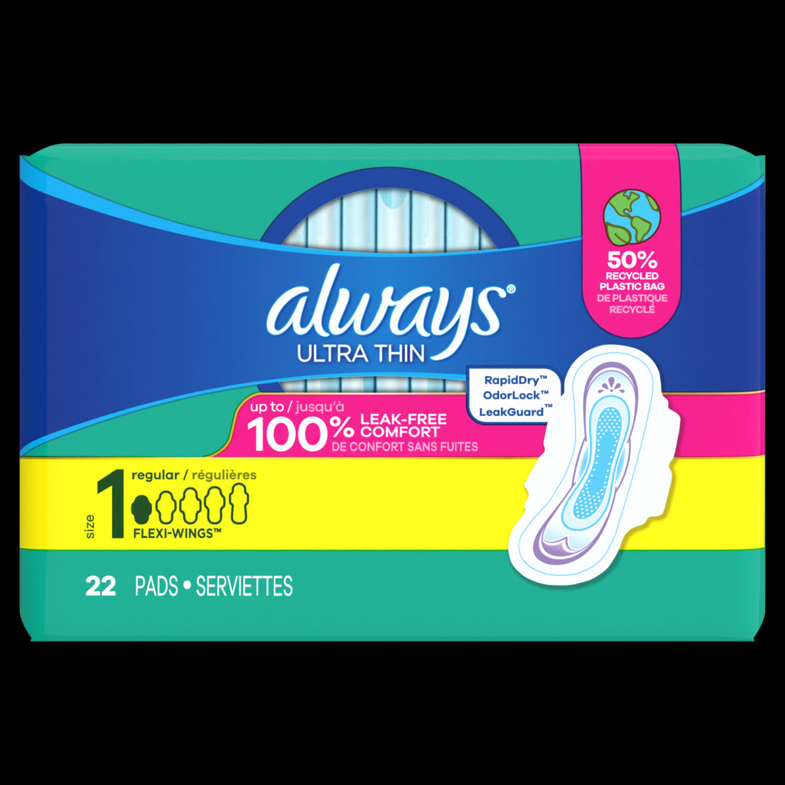 Always Ultra Thin Daytime Pads with Wings Size 1 Regular Unscented - 22ct/6pk