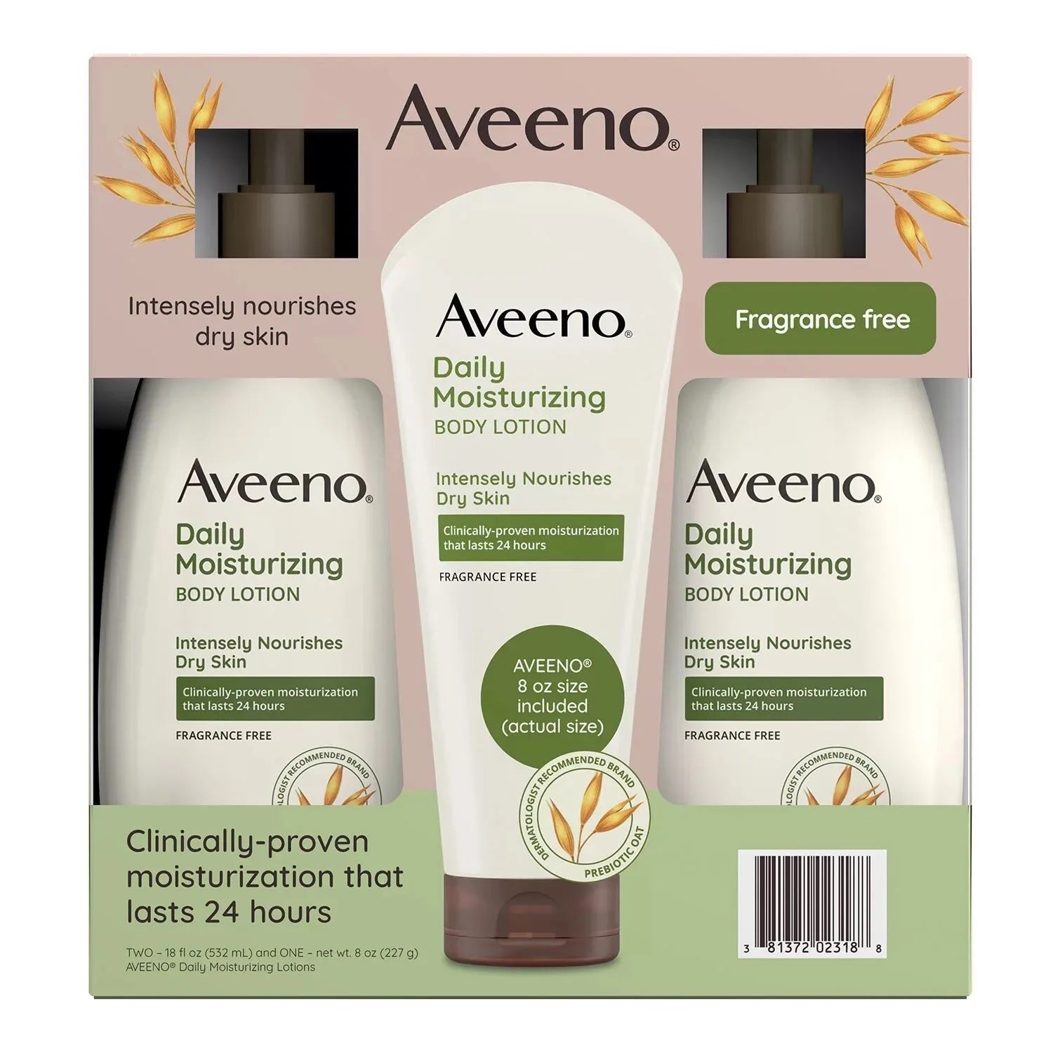 Aveeno Daily Moisturizing Body Lotion 2x Pump Bottle 18oz + 1x Tube 8oz/1pk