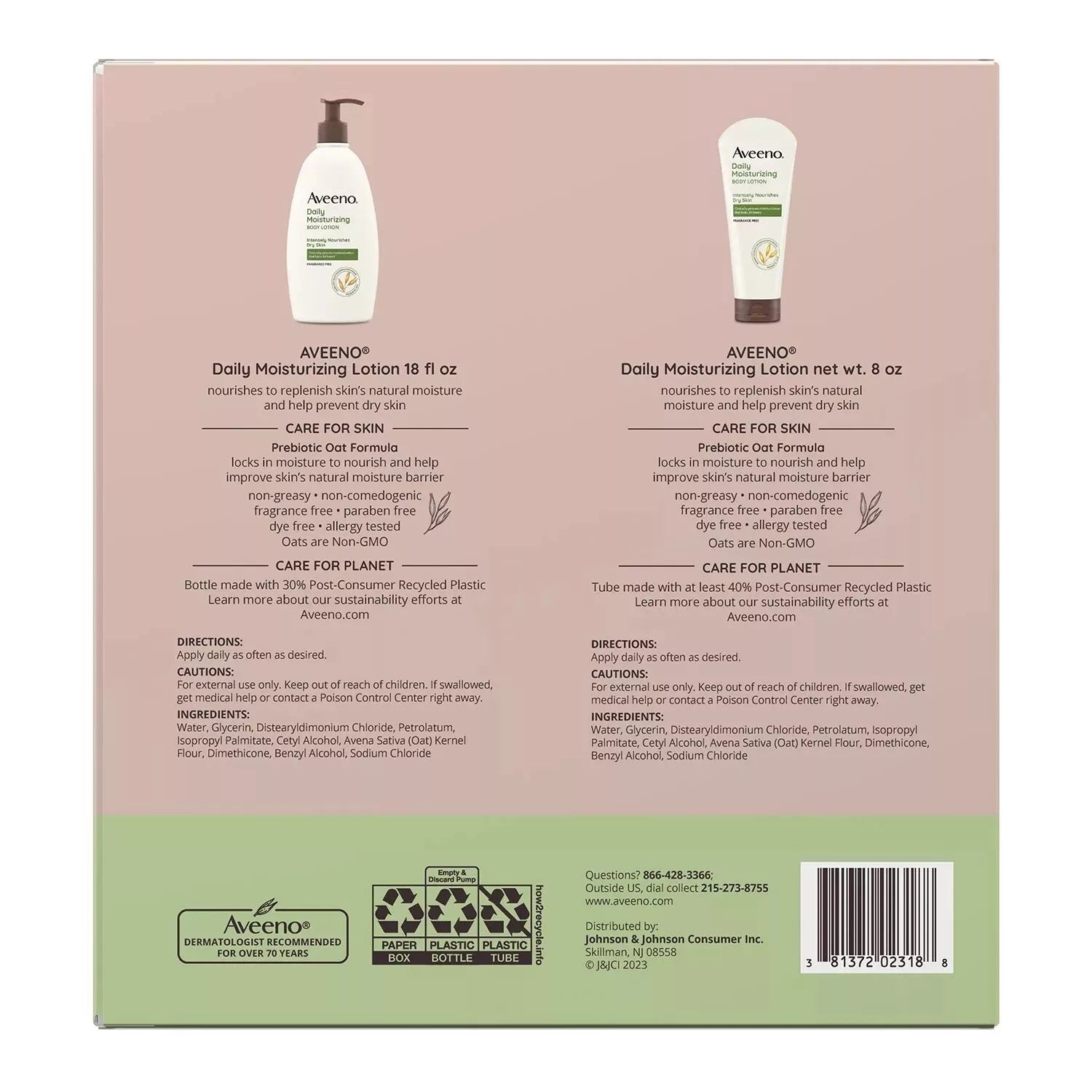 Aveeno Daily Moisturizing Body Lotion 2x Pump Bottle 18oz + 1x Tube 8oz/1pk