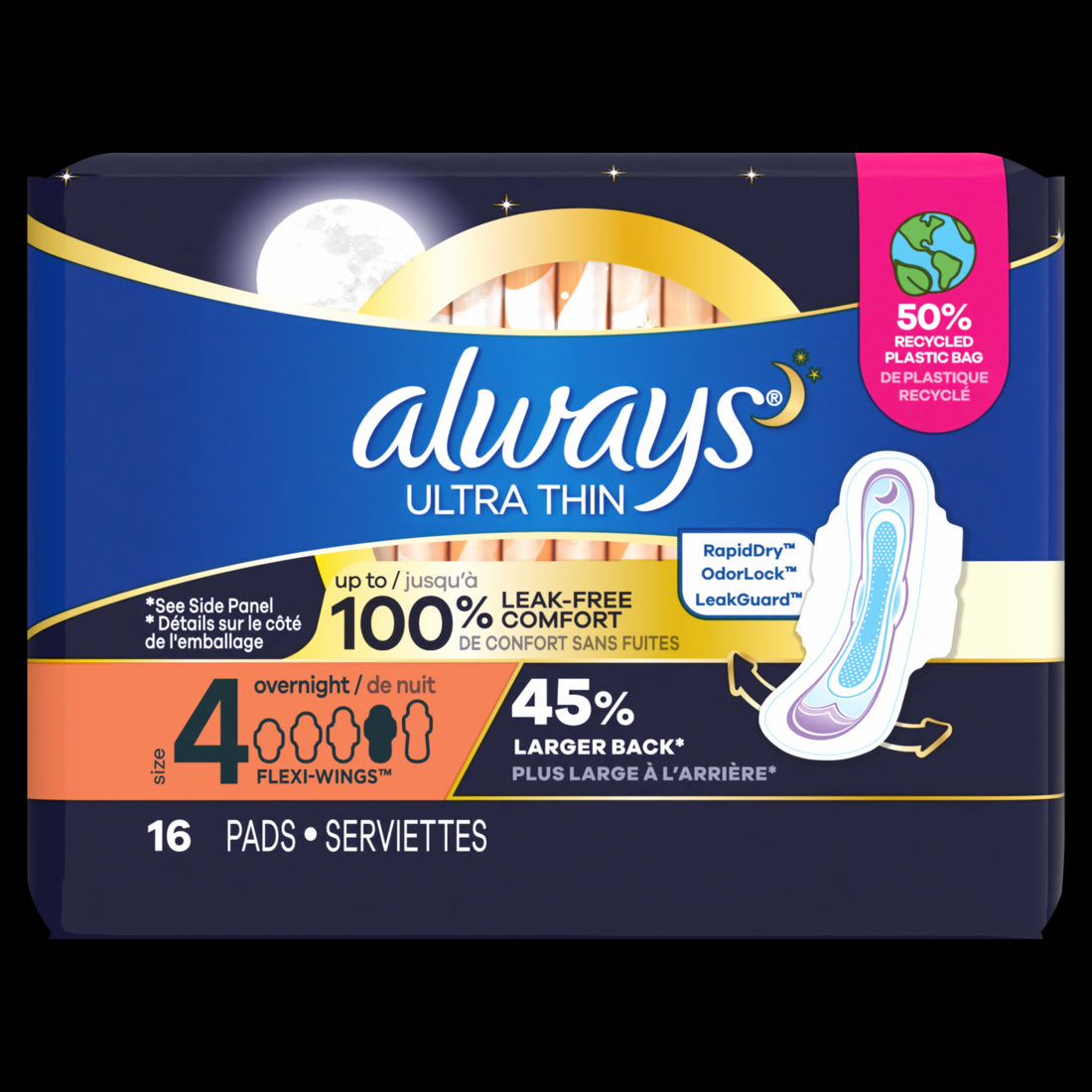 Always Ultra Thin Overnight Pads with Flexi-Wings Size 4 Overnight Unscented - 16ct/6pk