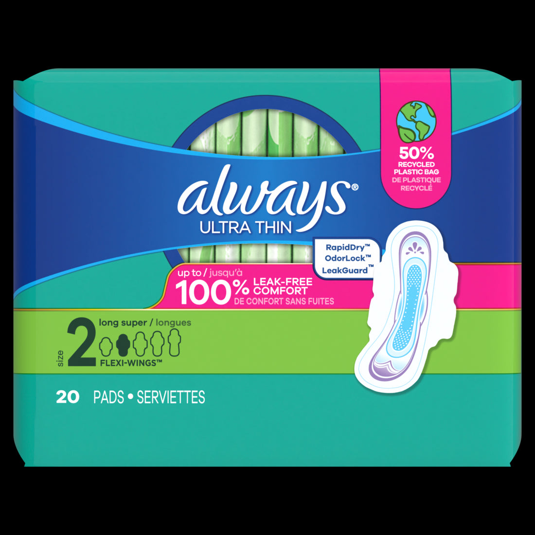 Always Ultra Thin Feminine Pads with Wings for Women Size 2 Long Super Absorbency Unscented - 20ct/6pk