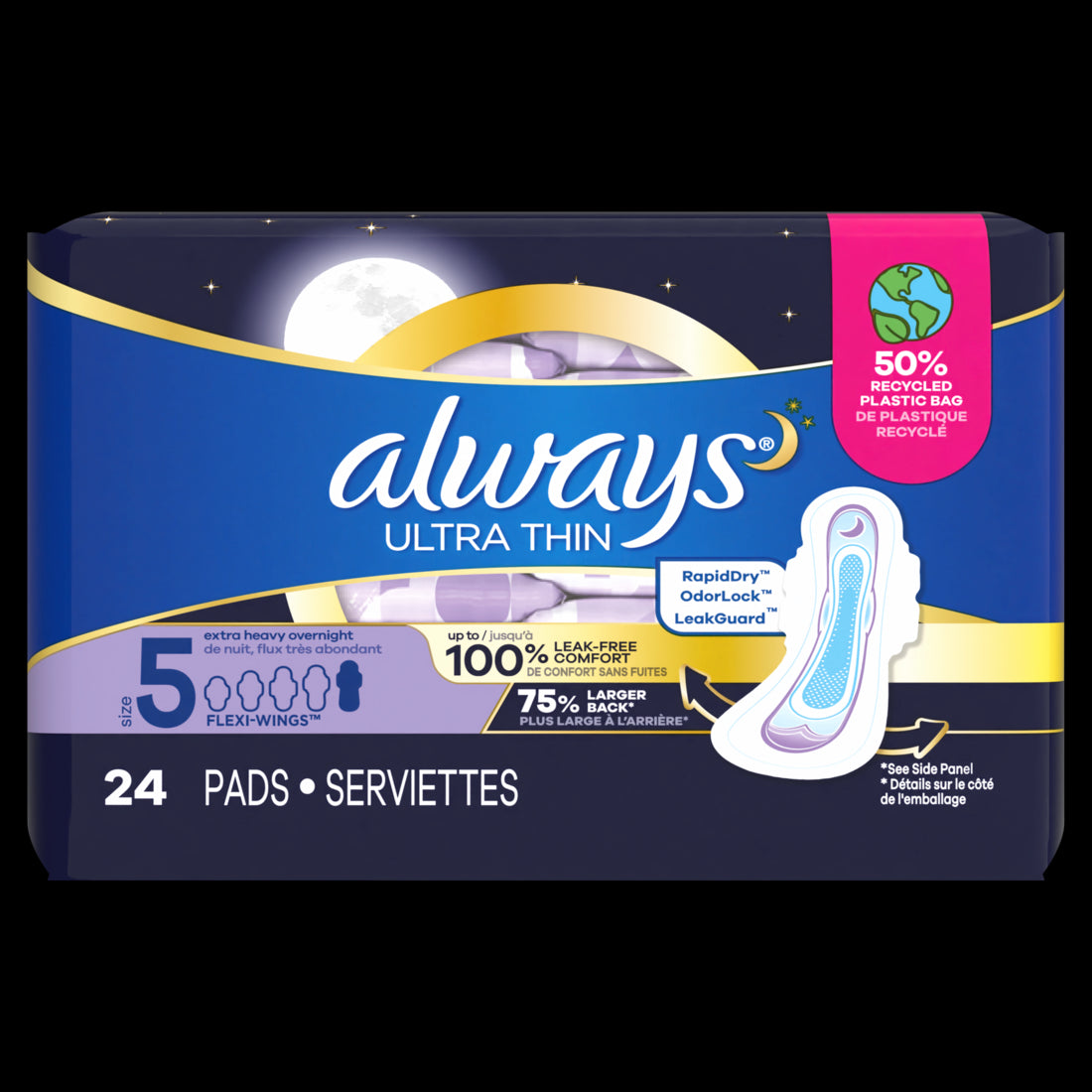 Always Ultra Thin Overnight Pads with Flexi-Wings Size 5 Extra Heavy Overnight Unscented - 24ct/3pk