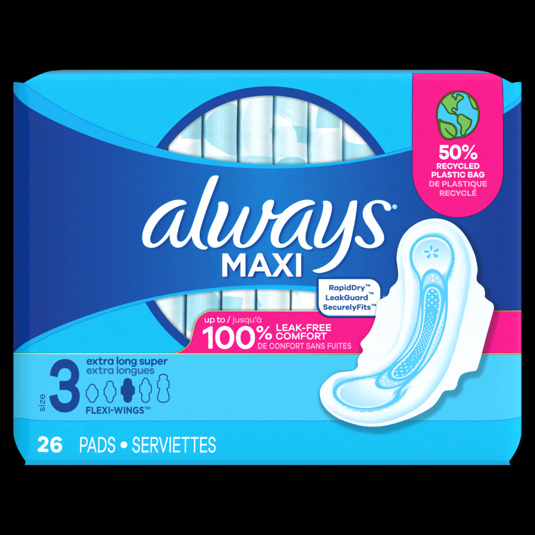 Always Maxi Feminine Pads with Wings for Women Size 3 Extra Long Super Absorbency Unscented - 26ct/6pk