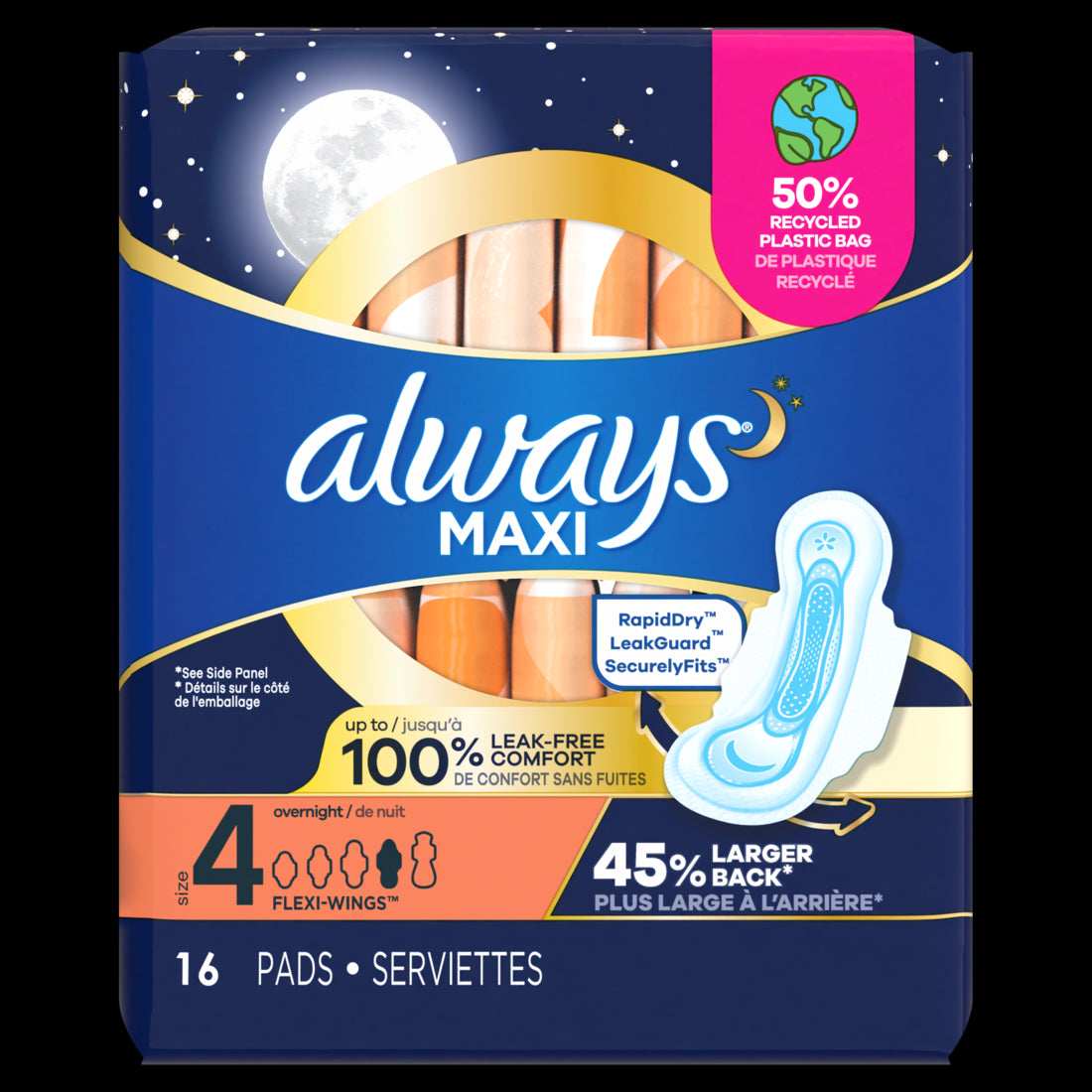 Always Maxi Overnight Pads with Wings for Women Size 4 Overnight Absorbency Unscented - 16ct/3pk