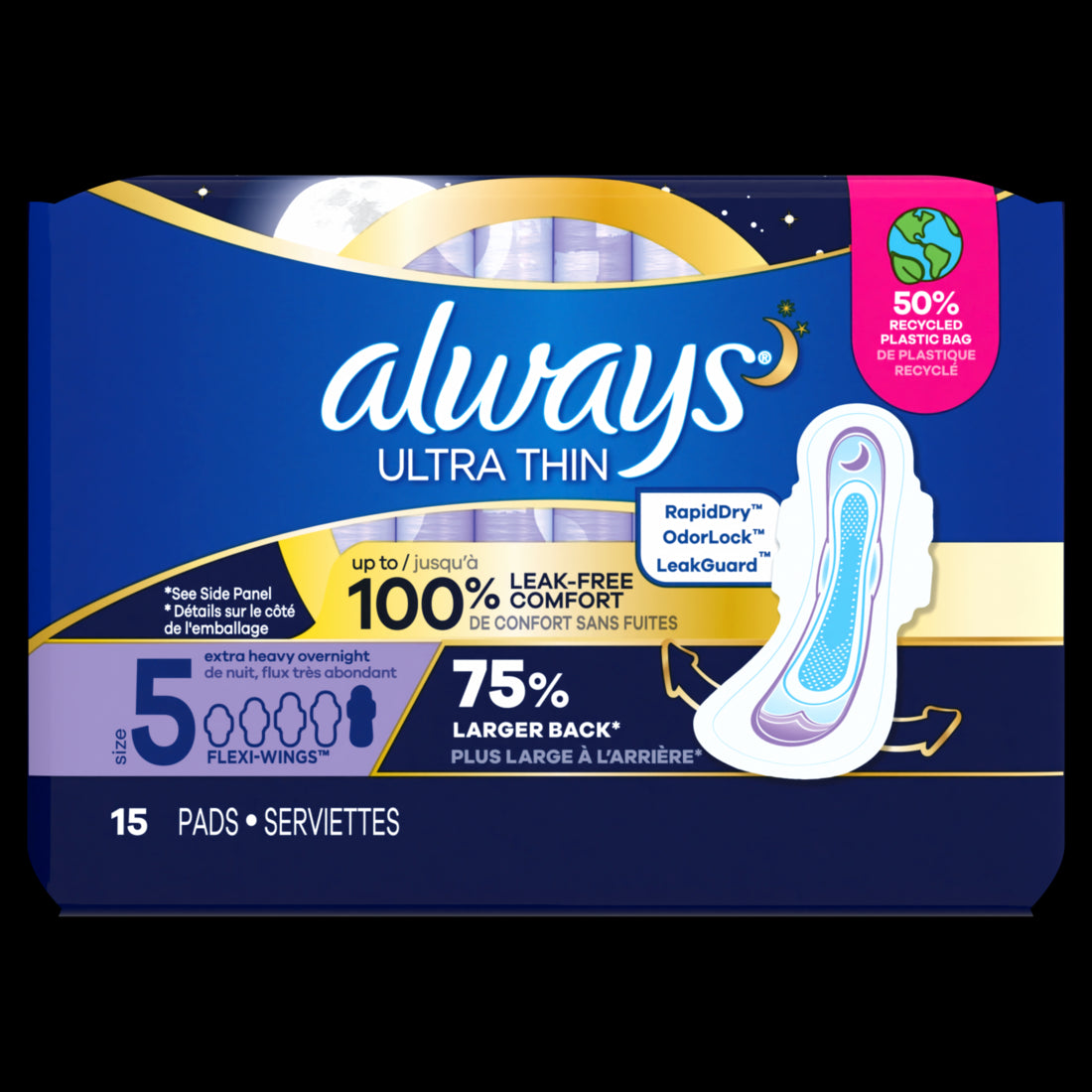 Always Ultra Thin Overnight Pads with Flexi-Wings Size 5 Extra Heavy Overnight Unscented - 15ct/6pk