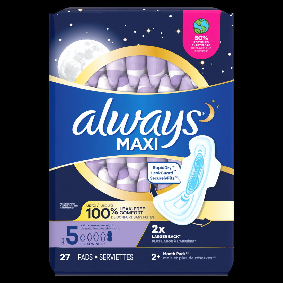 Always Maxi Overnight Pads with Wings for Women Size 5 Extra Heavy Overnight Absorbency Unscented - 27ct/6pk