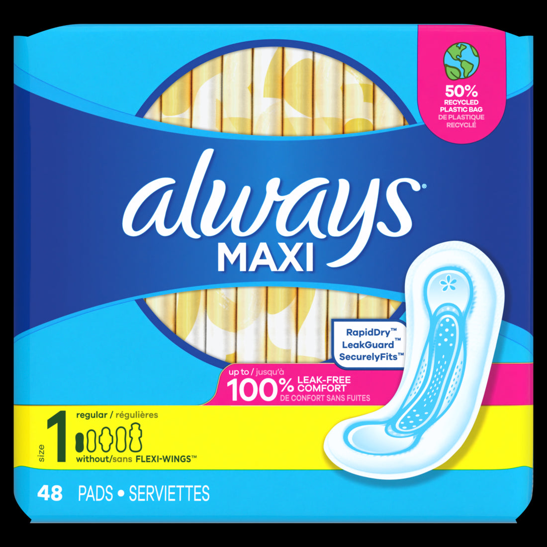 Always Maxi Feminine Pads without Wings for Women Size 1 Regular Absorbency Unscented - 48ct/6pk