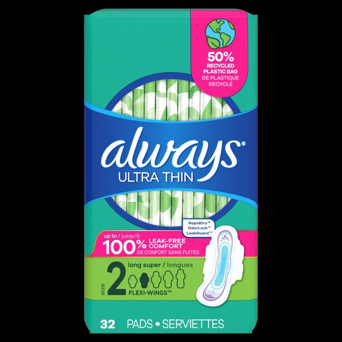 Always Ultra Thin Feminine Pads with Wings for Women Size 2 Long Super Absorbency Unscented - 32ct/3pk