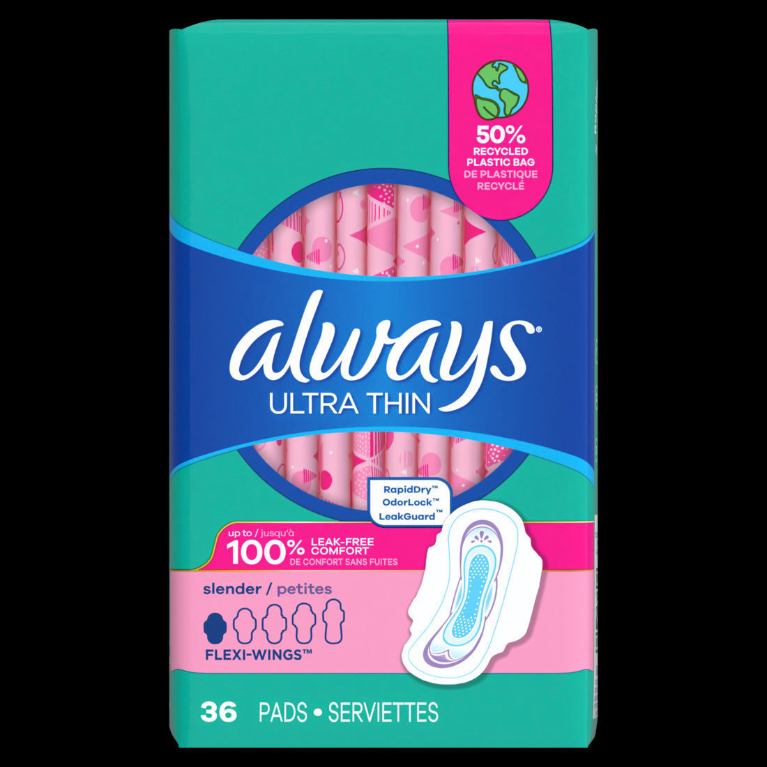 Always Ultra Thin Feminine Pads with Wings for Women Size 1 Slender Absorbency Unscented - 36ct/6pk