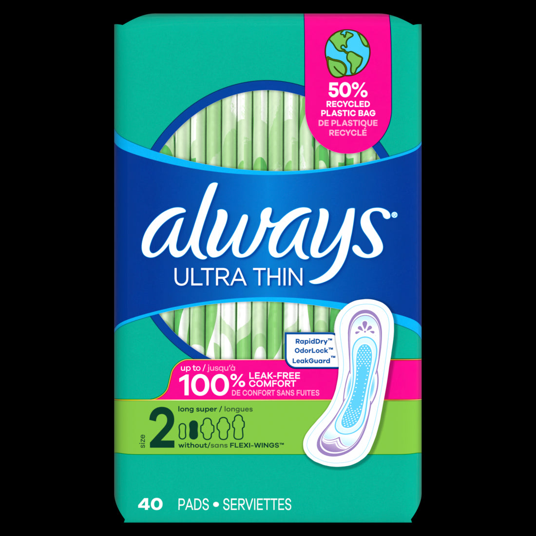 Always Ultra Thin Feminine Pads without Wings for Women Size 2 Long Super Absorbency Unscented - 40ct/3pk