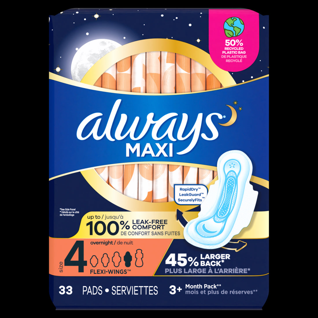 Always Maxi Overnight Pads with Wings for Women Size 4 Overnight Absorbency Unscented - 33ct/6pk