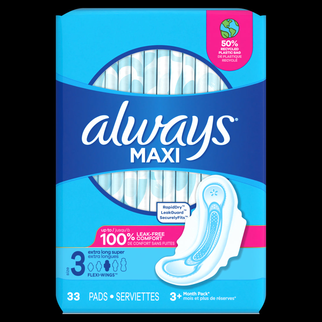 Always Maxi Feminine Pads with Wings for Women Size 3 Extra Long Super Absorbency Unscented - 33ct/3pk