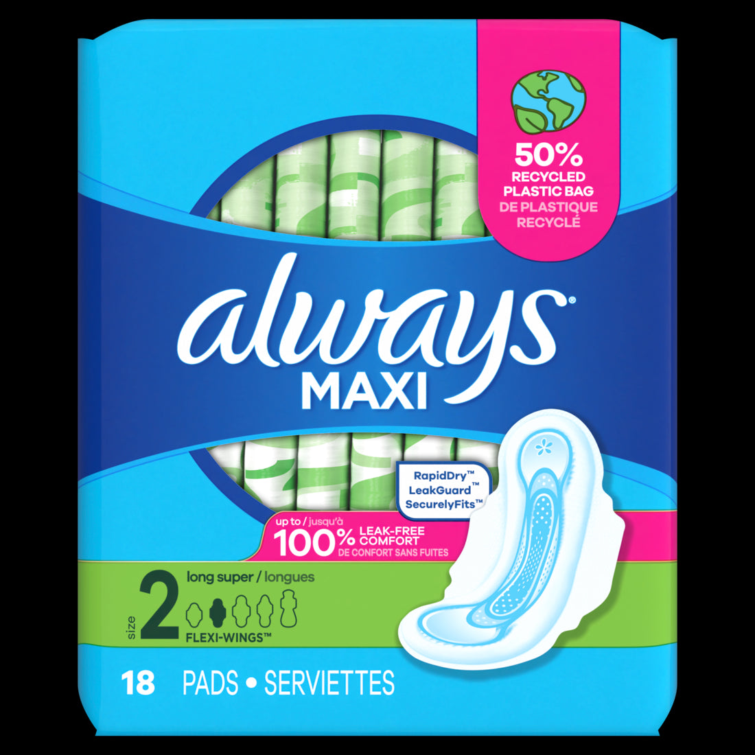 Always Maxi Daytime Pads with Wings Size 2 Long Unscented - 18ct/8pk