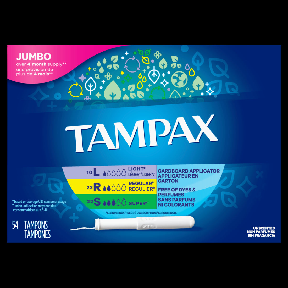 Tampax Cardboard Tampons Trio Pack Light/Regular/Super Absorbency Anti-Slip Grip LeakGuard Skirt - 54ct/6pk