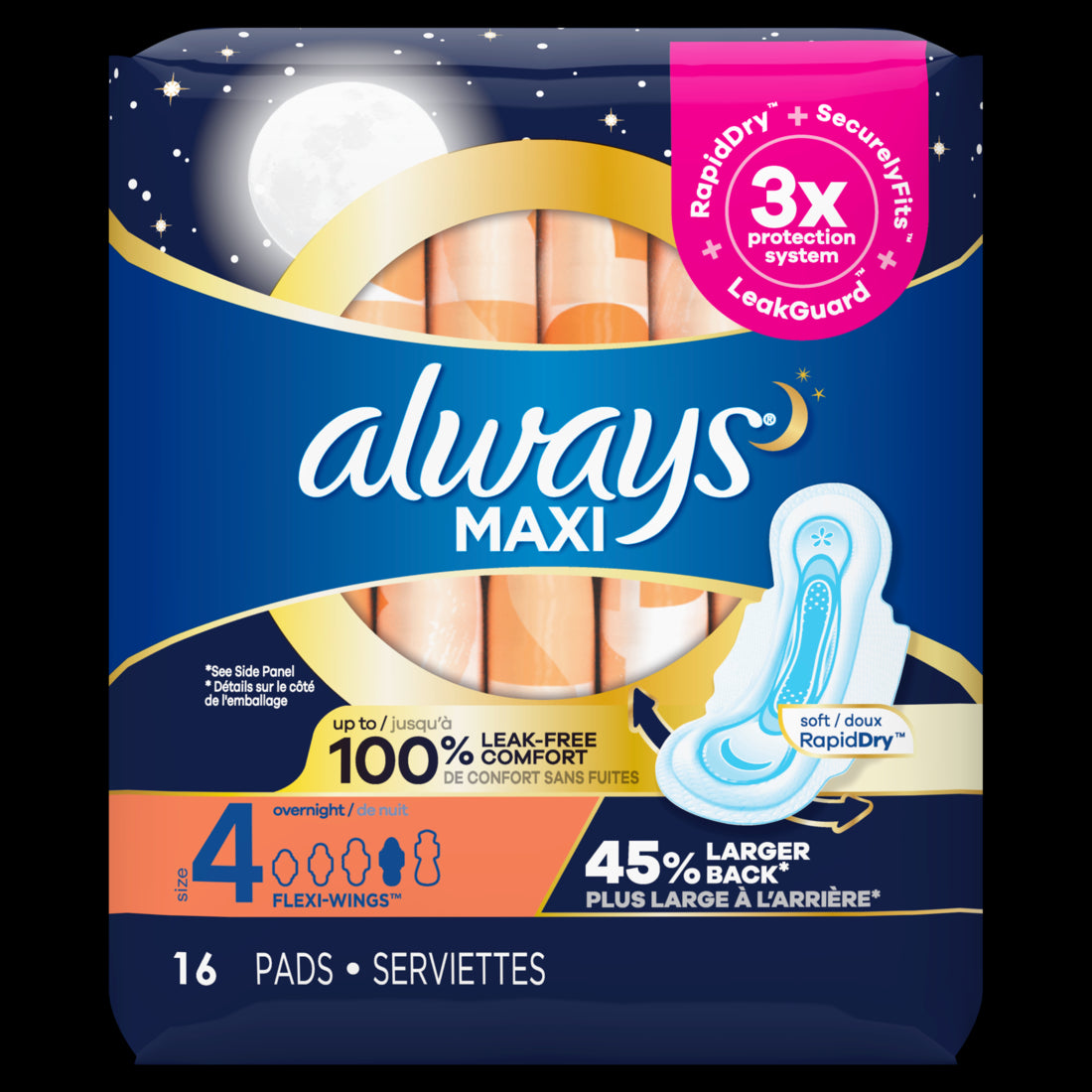 Always Maxi Overnight Pads with Wings for Women Size 4 Overnight Absorbency Unscented - 16ct/12pk