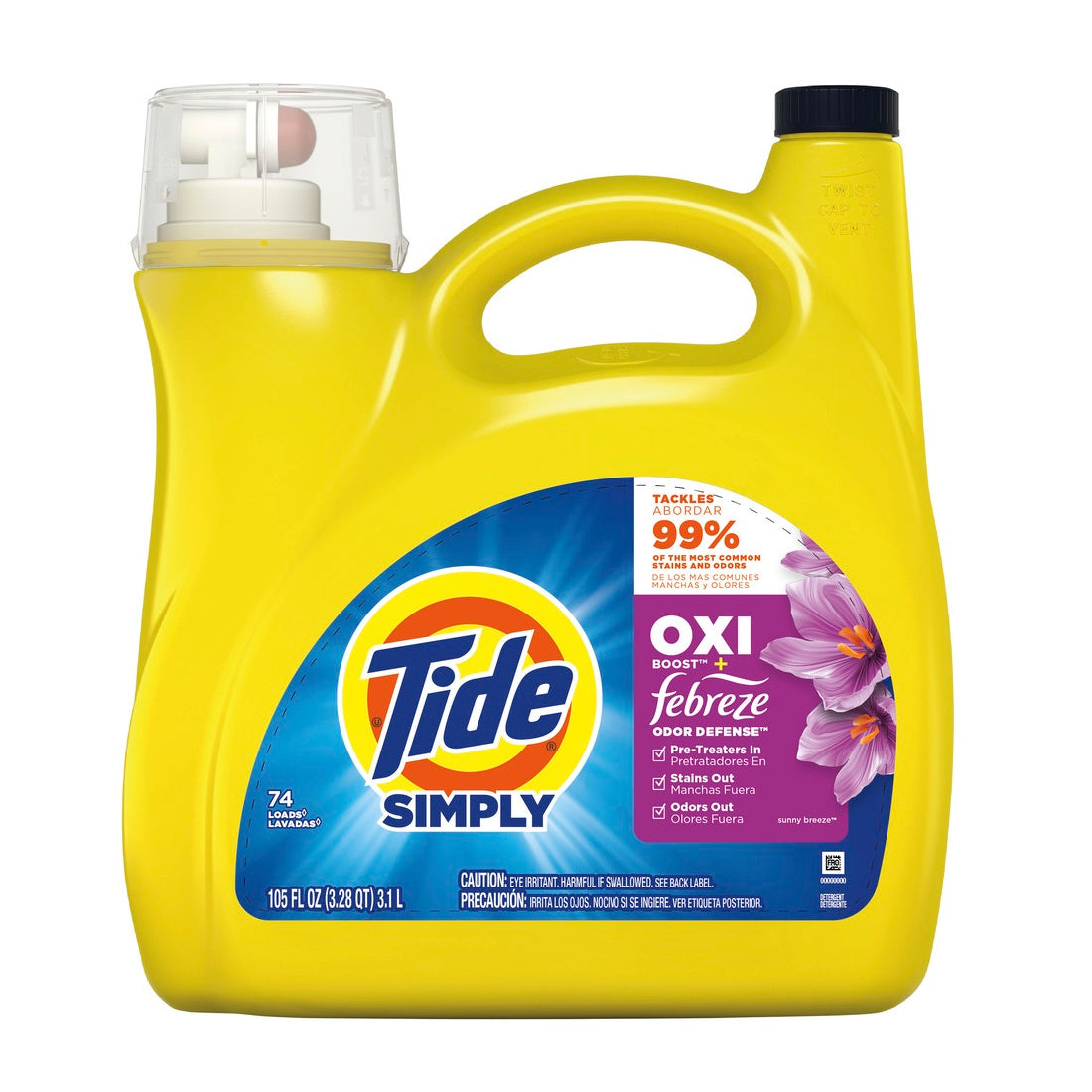 Tide HE Simply Oxi Boost + Febreze Odor Defense Sunny Breeze Scent 74 Loads - 105oz/4pk