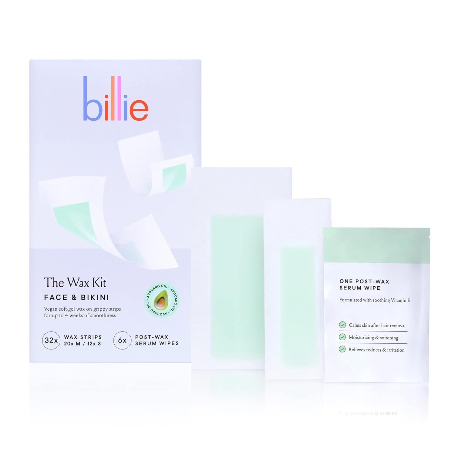 Billie Wax Kit Face & Bikini 32 Wax Strips and 6 Post-Wax Serum Wipes - 1ct/12pk