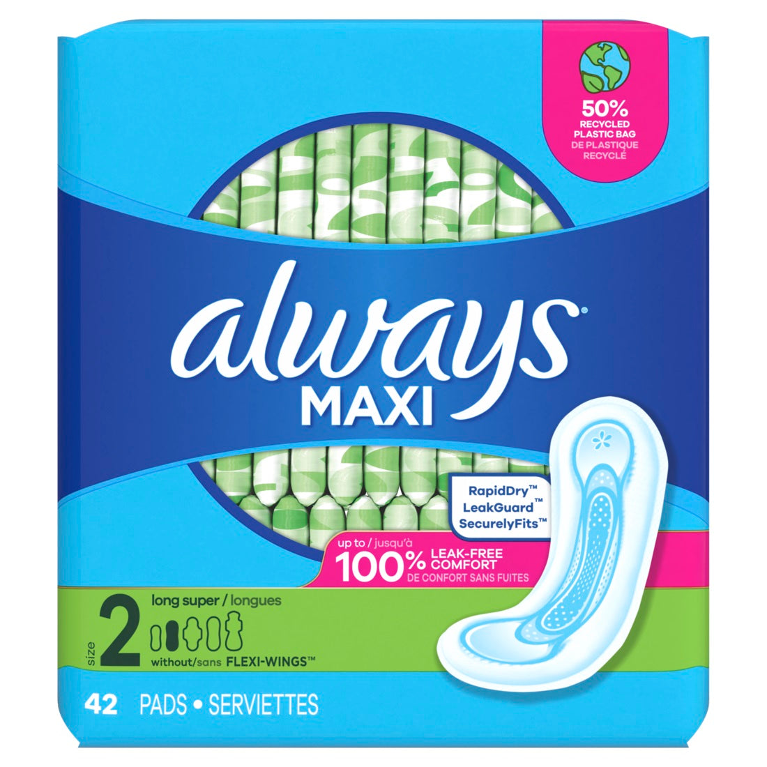 Always Maxi Feminine Pads without Wings for Women Size 2 Long Super Absorbency Unscented - 42ct/6pk