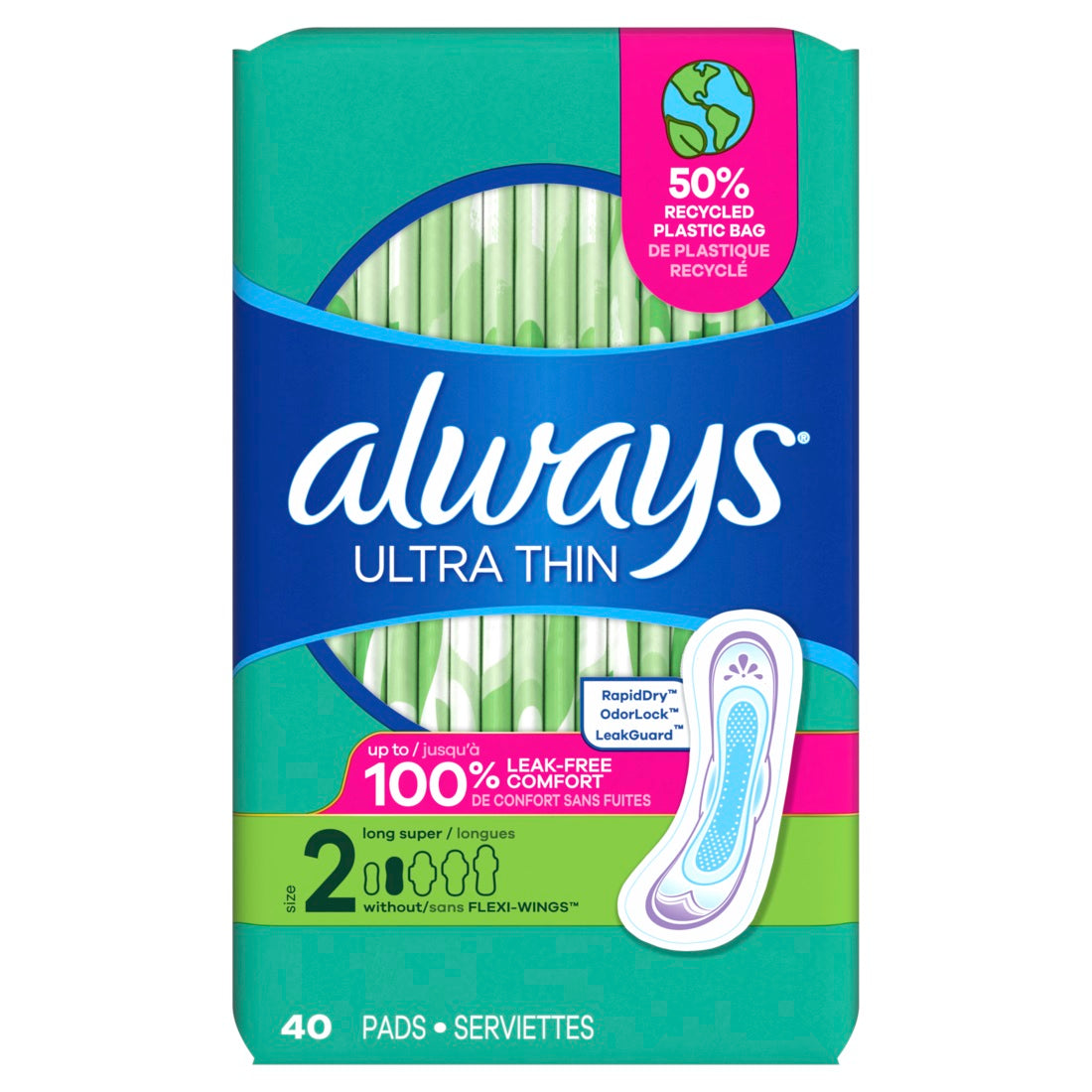 Always Ultra Thin Feminine Pads without Wings for Women Size 2 Long Super Absorbency Unscented - 40ct/6pk