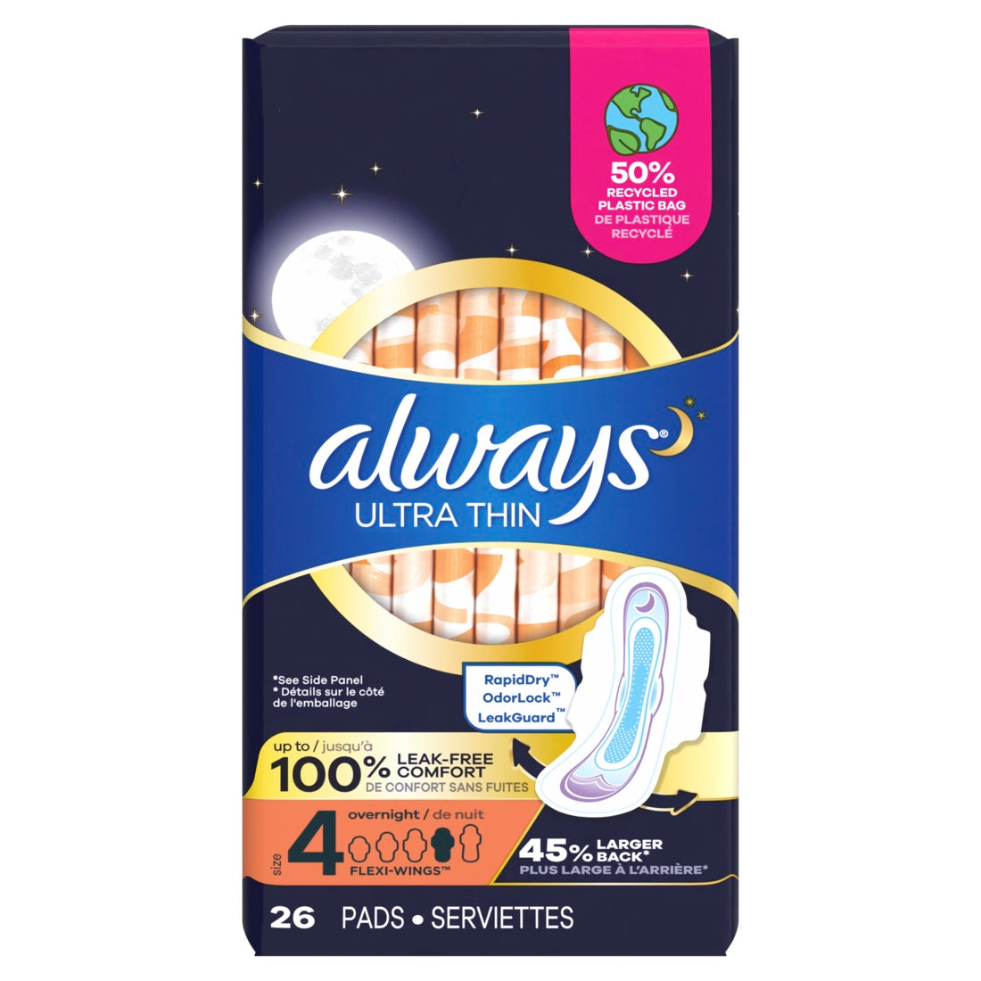 Always Ultra Thin Overnight Pads with Flexi-Wings Size 4 Overnight Unscented - 26ct/6pk